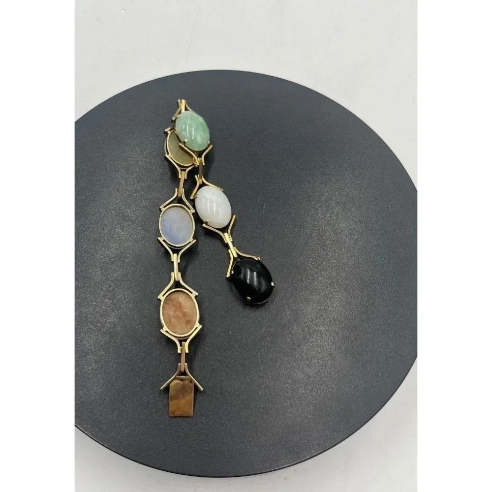 14K Gold Clasp Jade‎ Multi Color Jadeite Stone Cabochon Vintage 10-12k Bracelet